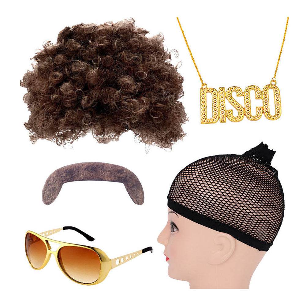 70s party Halloween props role play Elvis style ball wig glasses beard set - Azufun