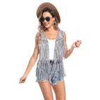 Sleeveless Vest Sequined Vest Western Cowboy Style Cardigan Denim Vest Women - Azufun