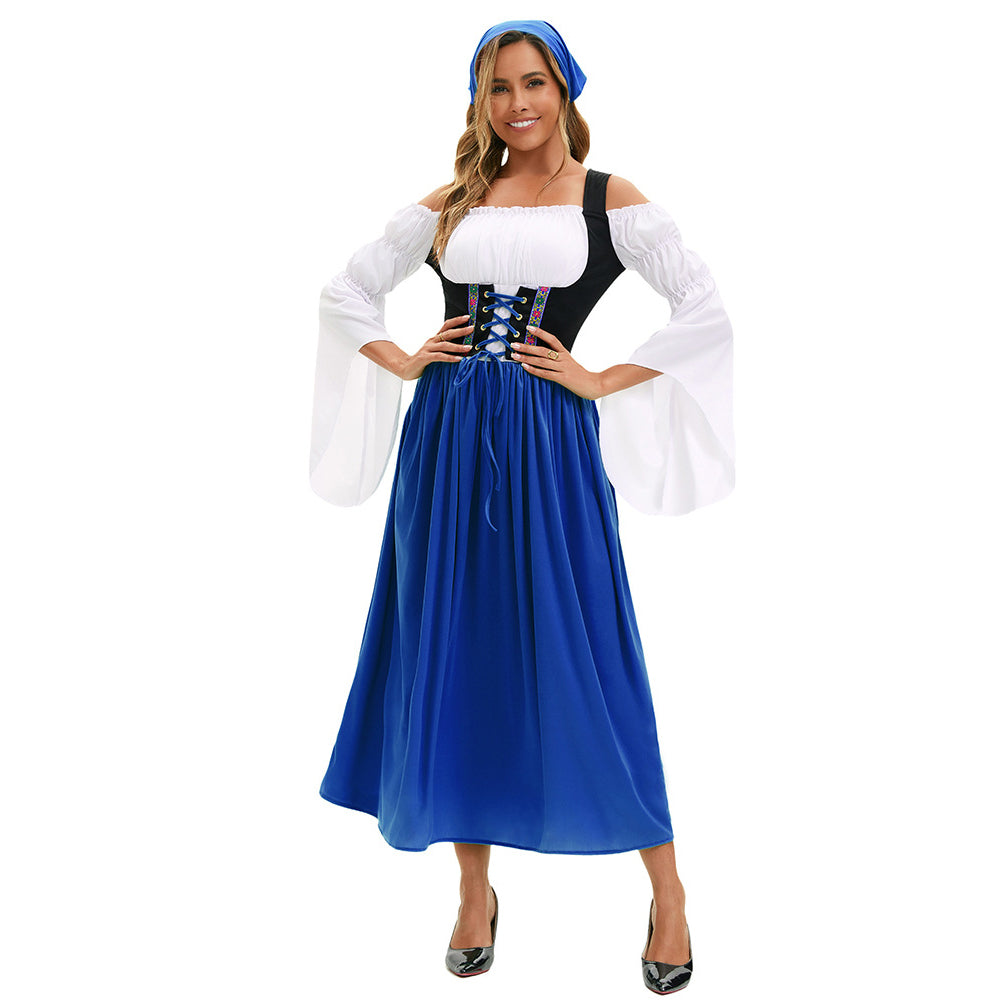 Medieval Farm Maid Oktoberfest Long Dress Costume for Women - Azufun