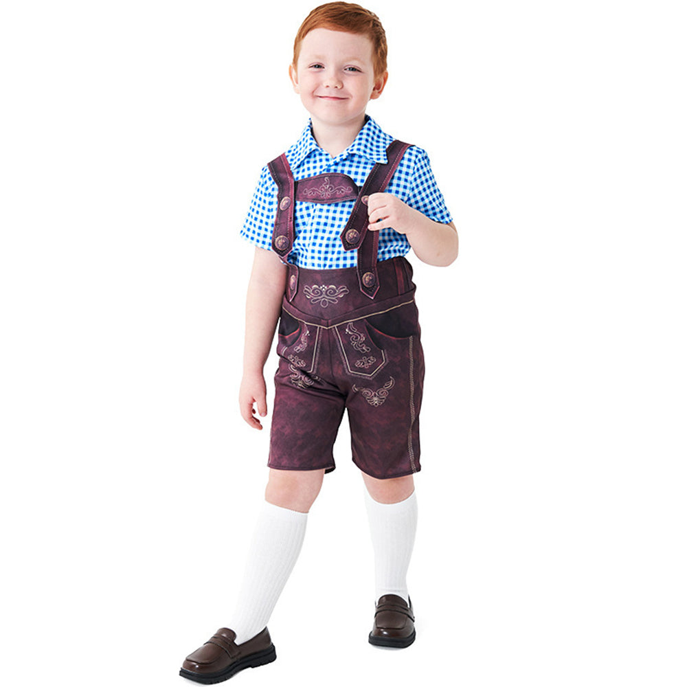 Boy Oktoberfest Costume Set Overalls with plaid shirt socks Halloween - Azufun