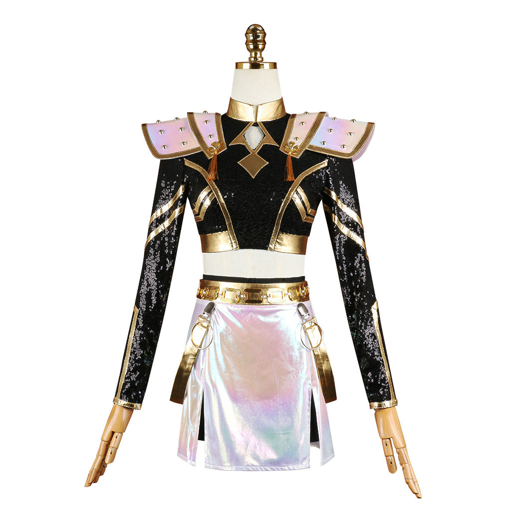 Kpop Witch Hunter Zoe Cosplay Costume Black and Gold Performance - Azufun