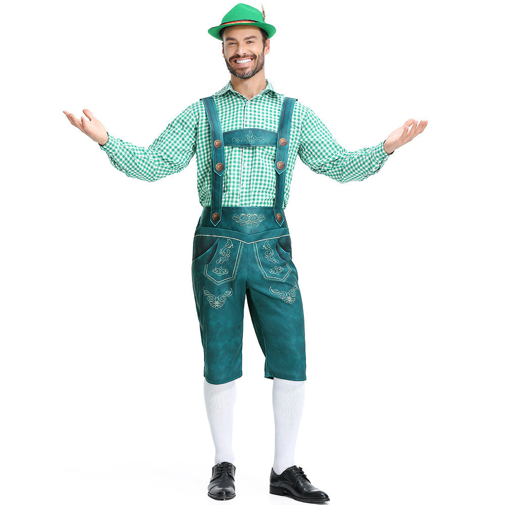 Men's Bavarian Lederhosen Oktoberfest Overalls Plaid Shirt Costume - Azufun