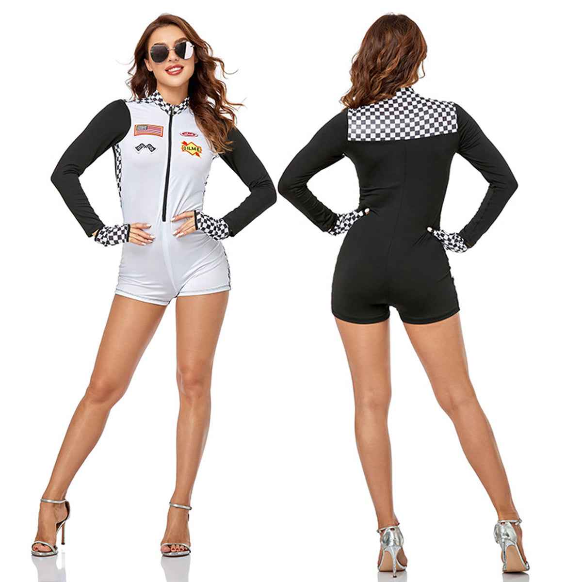 White plaid Motorcycle Character Costumes Jumpsuit Nightclub For Women