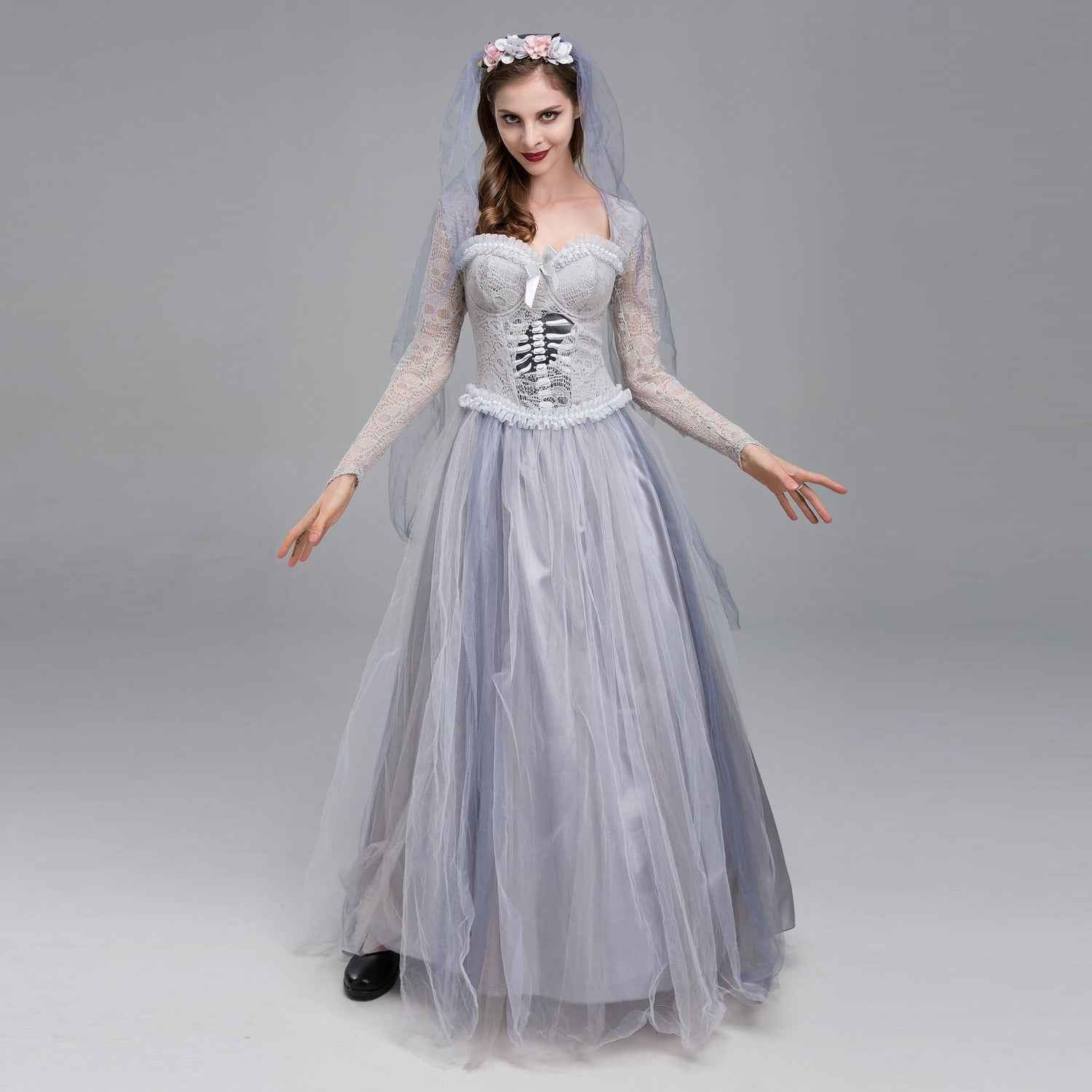 Ghost Corpse Bride Costume Dress Zombie Scary Horror Halloween