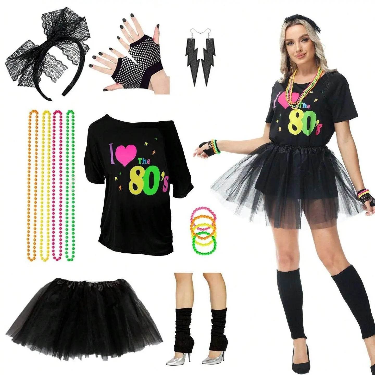 80s Fancy Dress Costumes Printed T-shirt Gauze Skirt Suit Halloween For Female - Azufun