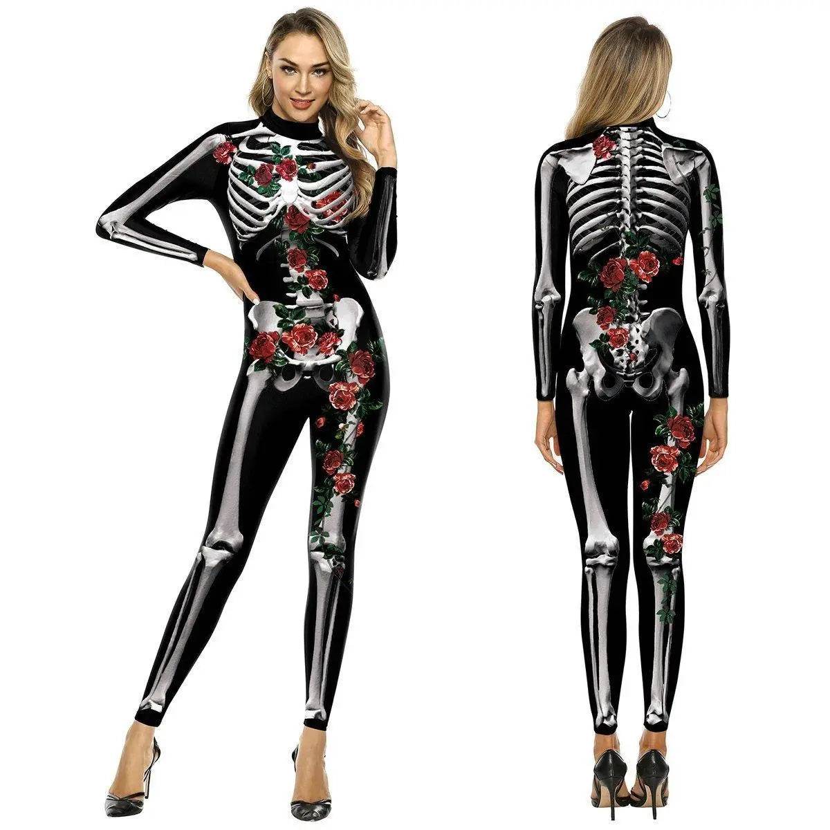 Adult Skeleton Print Zentai Jumpsuit Halloween Cosplay Costume - Azufun