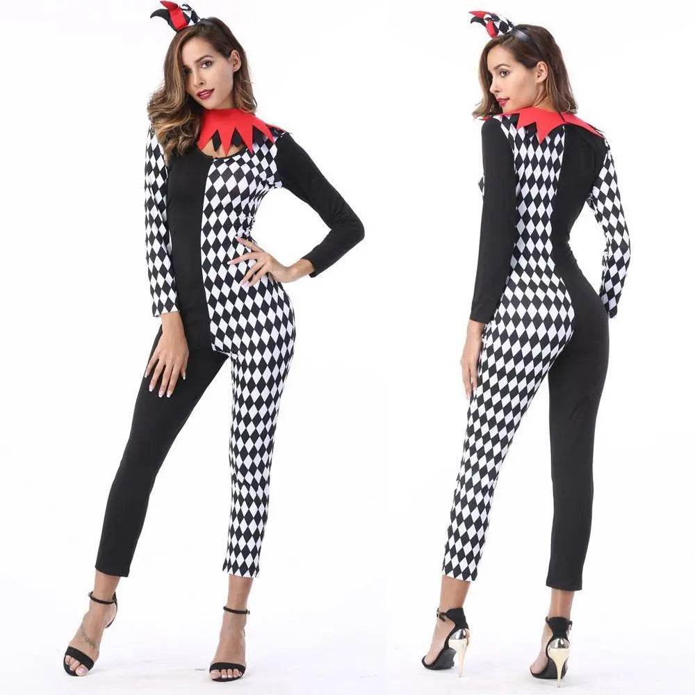 Adult Women Circus Clown Harlequin Jester Halloween Costume Jumpsuit - Azufun