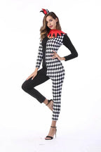 Adult Women Circus Clown Harlequin Jester Halloween Costume Jumpsuit - Azufun