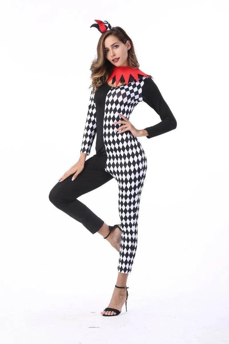 Adult Women Circus Clown Harlequin Jester Halloween Costume Jumpsuit - Azufun