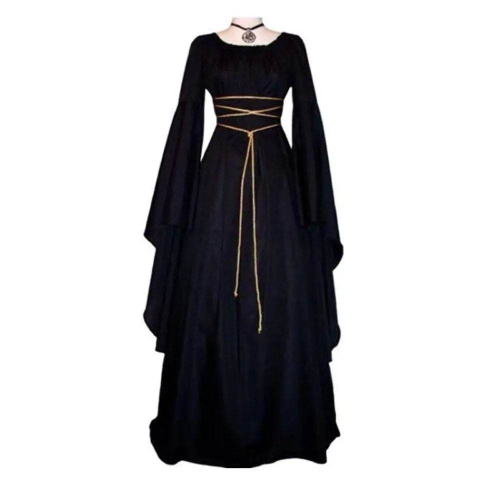 Antique solid color Halloween witch long sleeve dress - Azufun