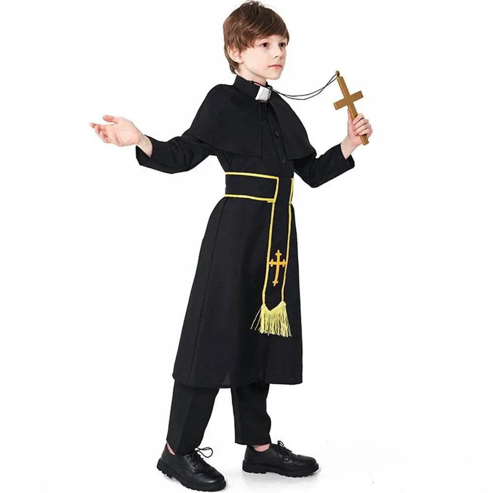 Black Robed Priest Halloween Outfits Carnival Cosplay Costume For Kids - Azufun
