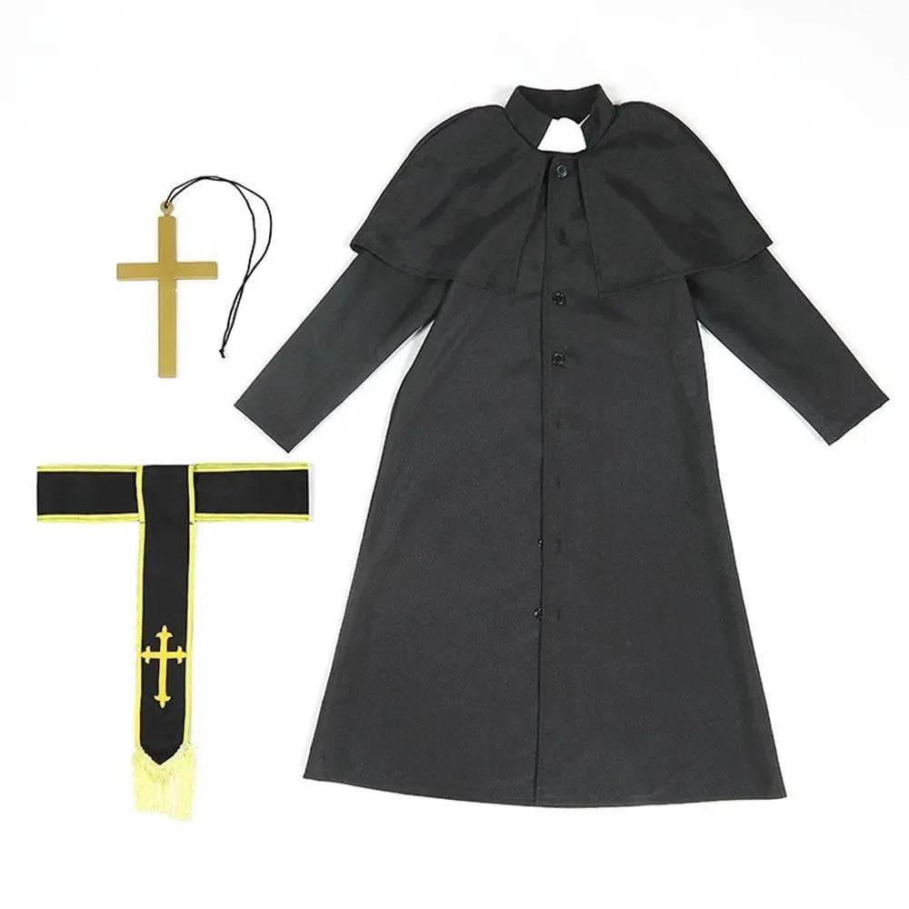 Black Robed Priest Halloween Outfits Carnival Cosplay Costume For Kids - Azufun