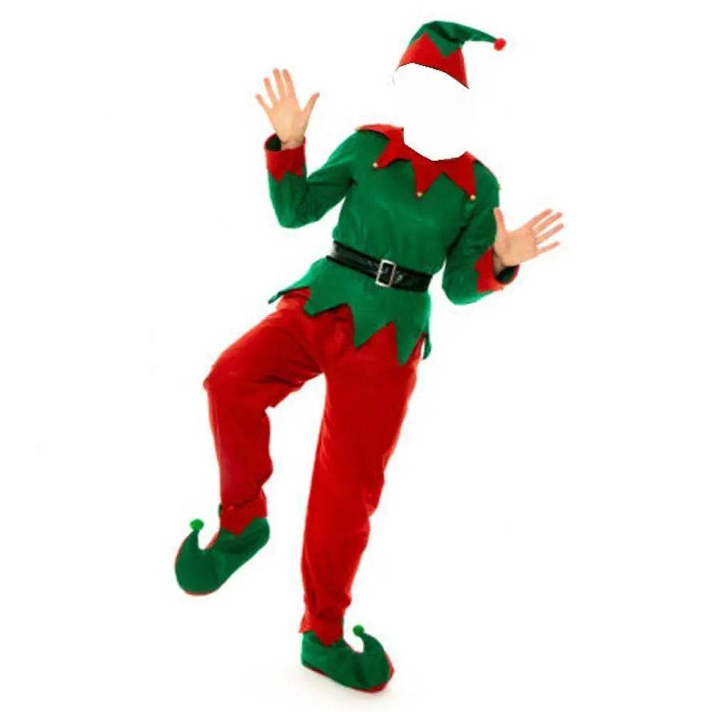Christmas Elf Costumes for Mens Full Set Halloween Cosplay Holiday Party Green Suit - Azufun