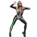 Coloful Skull Halloween Cosplay Costume Bodycon Jumpsuit for Women - Azufun