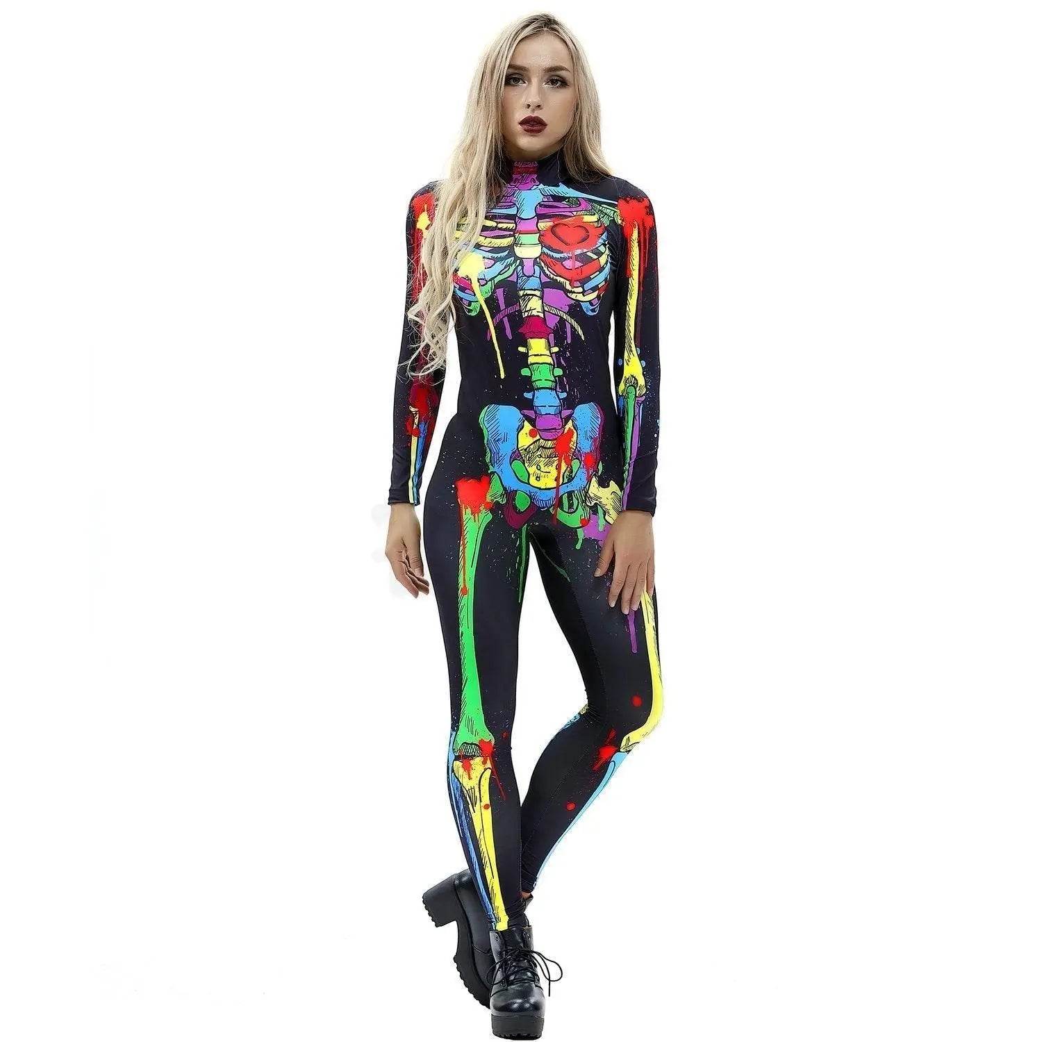 Coloful Skull Halloween Cosplay Costume Bodycon Jumpsuit for Women - Azufun