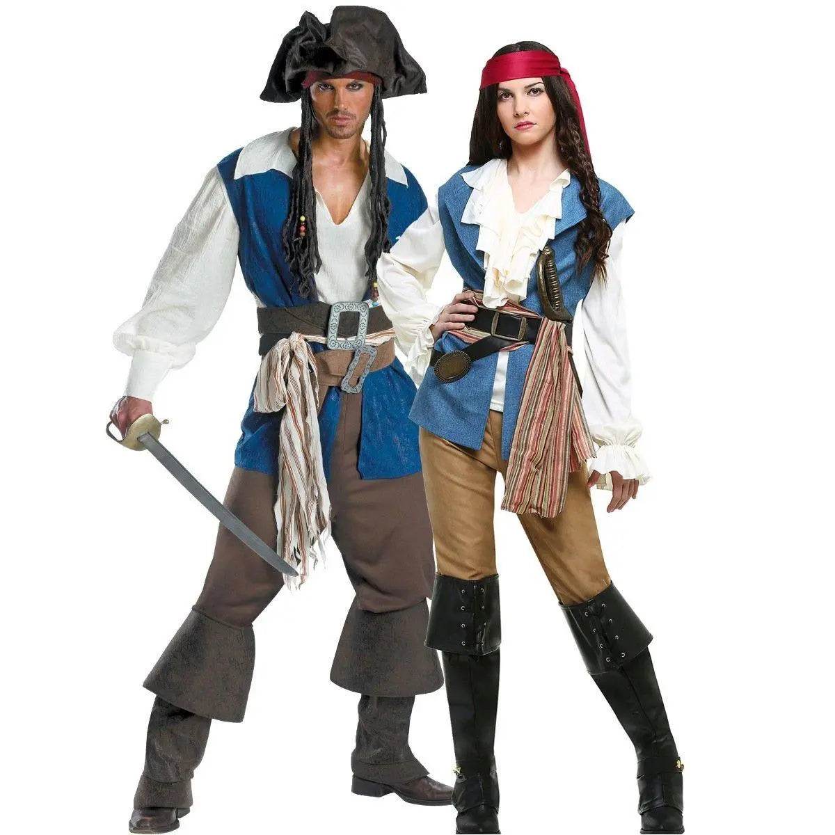 Couples Caribbean Captain Pirate Outfit Cosplay Costumes Fancy Dress Halloween Adult - Azufun