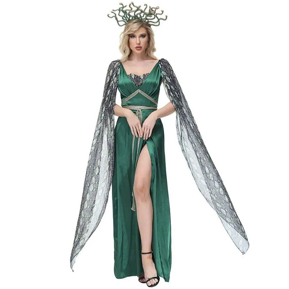 Dark green snake print slit dress mythical siren Medusa dress Halloween Costumes for adult - Azufun