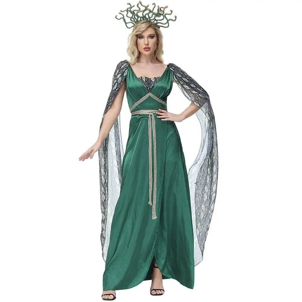 Dark green snake print slit dress mythical siren Medusa dress Halloween Costumes for adult - Azufun
