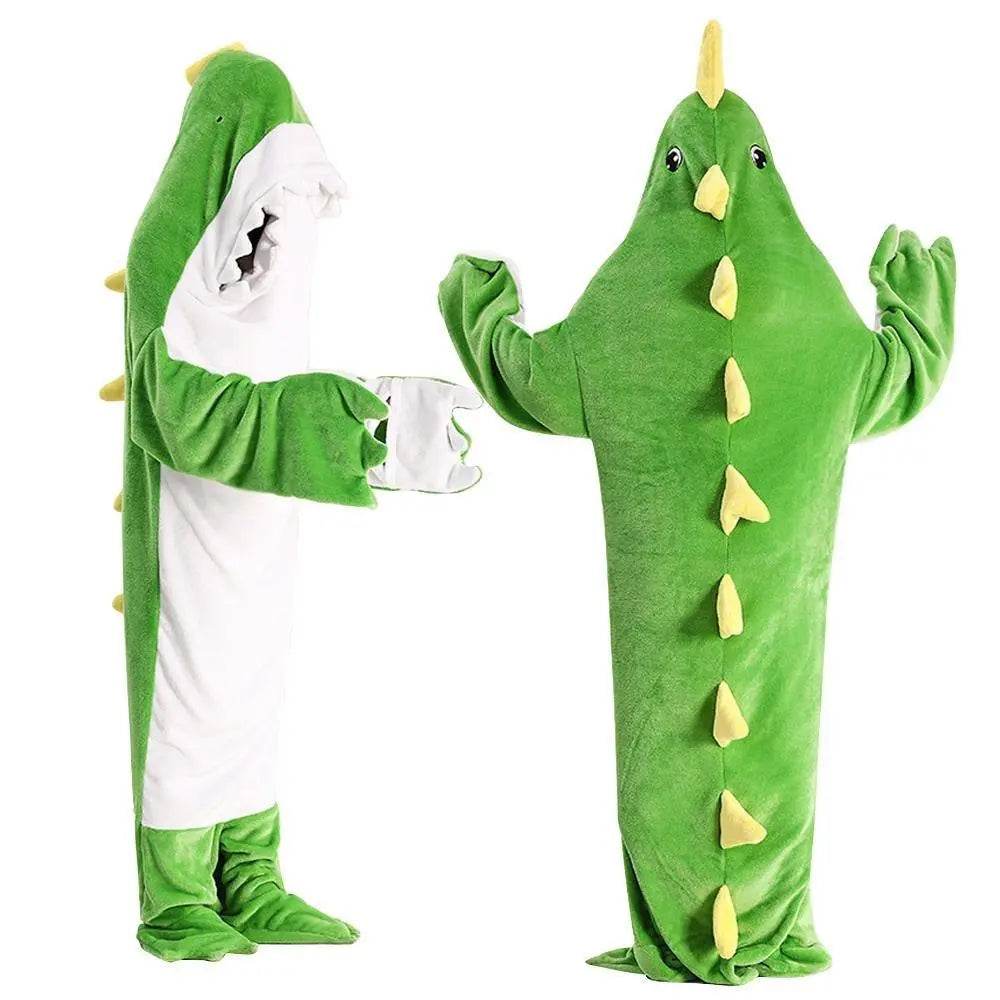 Green Dinosaur Animal Sleeping Bag Loose Onesies Pajamas Adult Super Soft Fleece Hoodie - Azufun