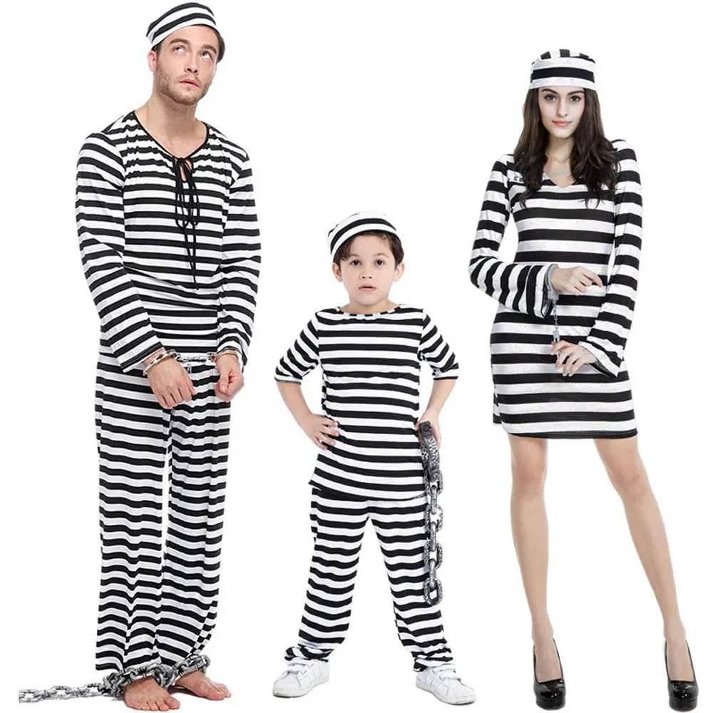 Halloween Adult Kid Striped Prison Costume Hat Top Pants Dress Set - Azufun