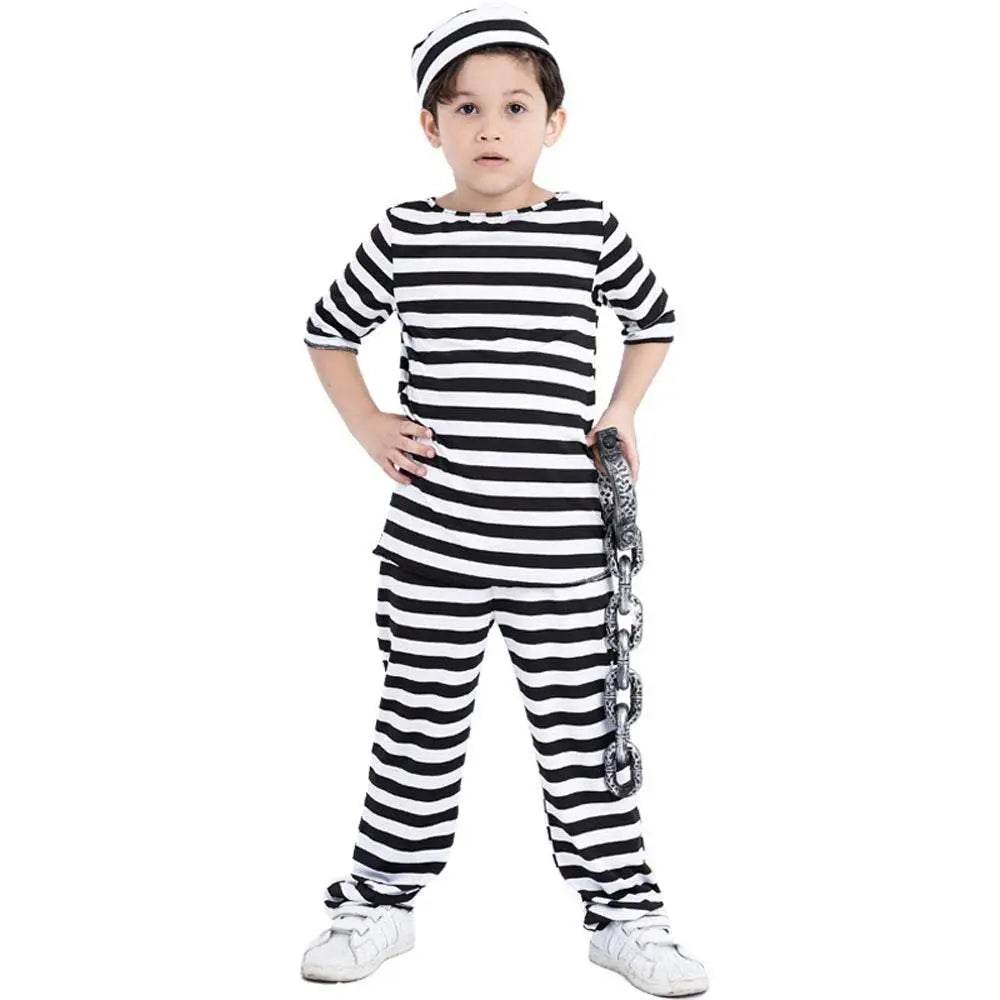Halloween Adult Kid Striped Prison Costume Hat Top Pants Dress Set - Azufun