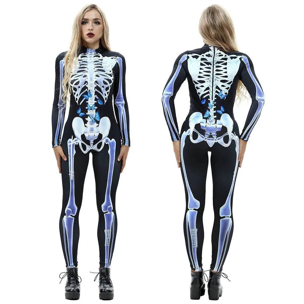 Halloween Skeleton Cosplay Costume Bodycon Jumpsuit for Women - Azufun