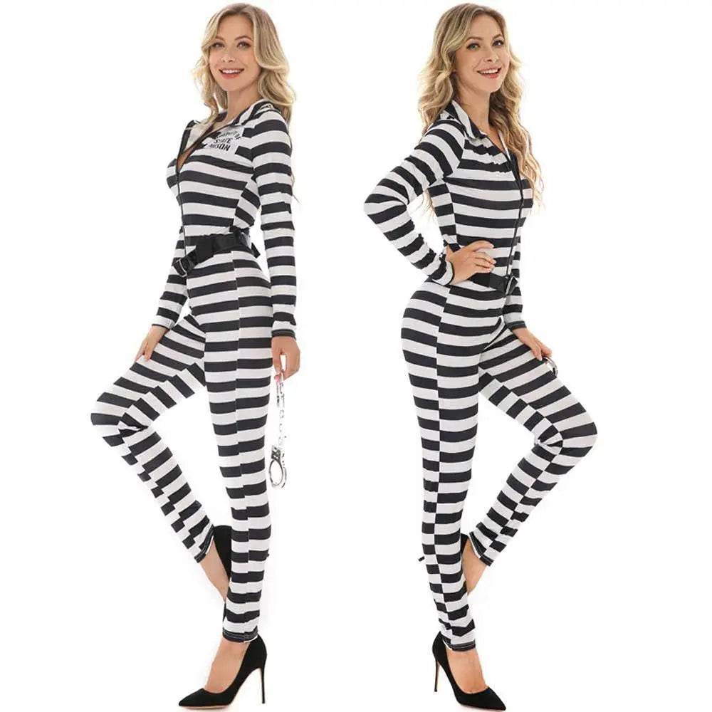 Halloween woman black and white striped prisoner costume - Azufun