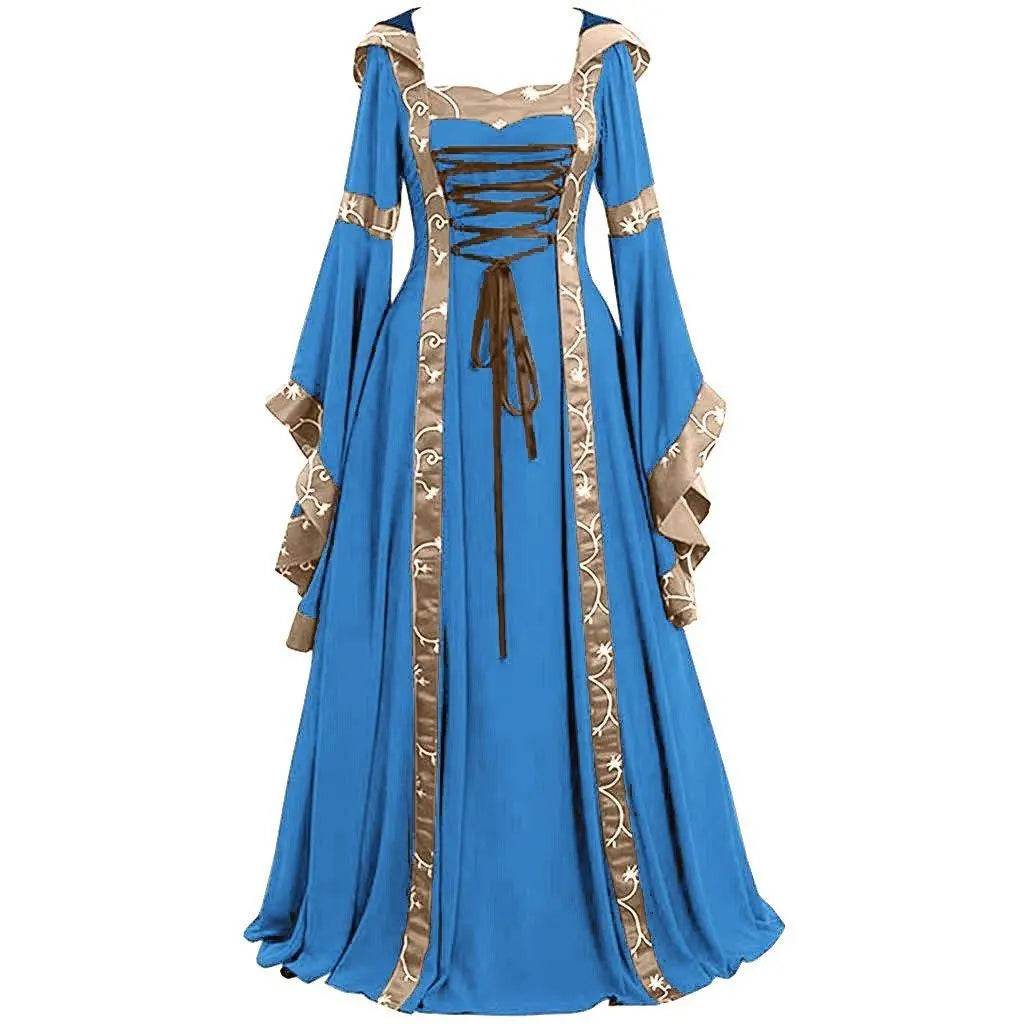 Medieval Retro Hooded Dress Costume Square Neck Tie Trumpet Sleeves Big Swing Skirt - Azufun