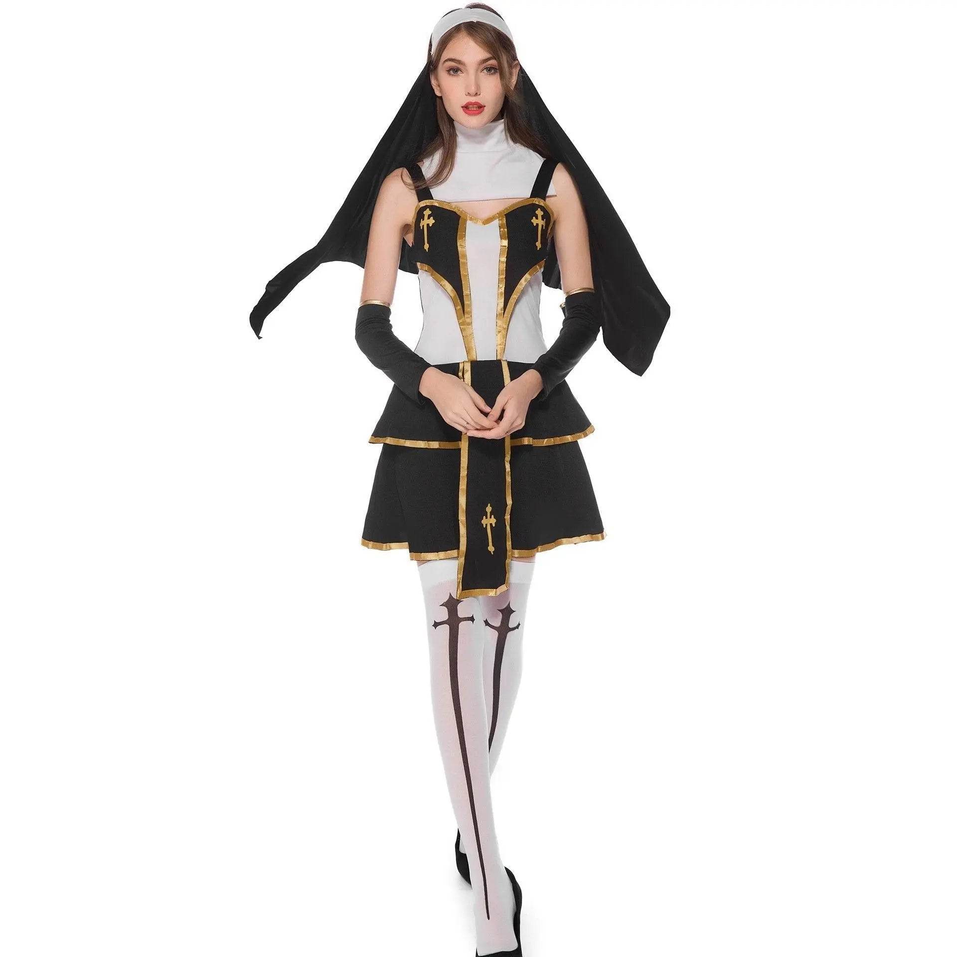 Pastor Fr Nun Couples Costume Halloween Outfits Cosplay Party Carnival - Azufun
