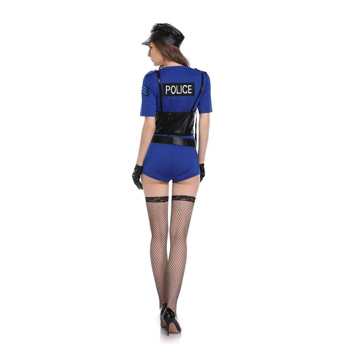 Policewoman Cosplay Costumes Halloween Police Officer Jumpsuit Uniform with Hat - Azufun
