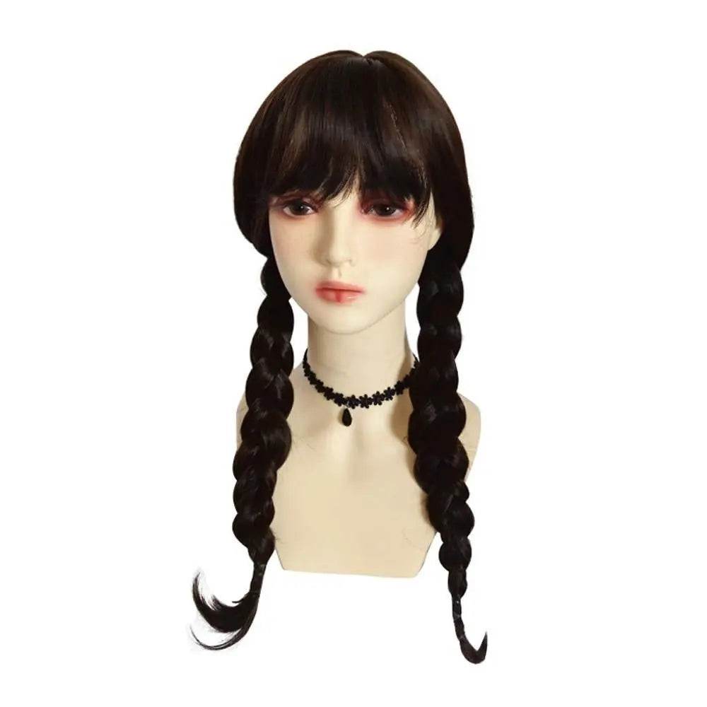 Wednesday Wig The Addams Family Cosplay Black Double Ponytail Braid Wig For Adult - Azufun