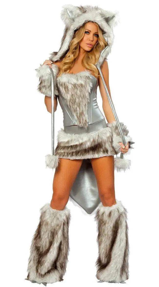 Catwoman Faux Fur Furry Animal Halloween Costume Cosplay Fancy Dress Women - Azufun