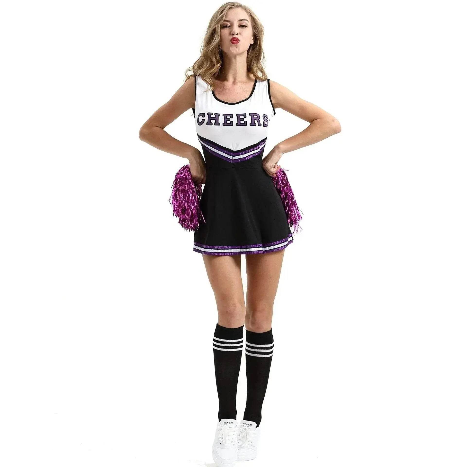 Women Cheerleader Costume Outfit With Poms Fancy Uniform Sports Dress - Azufun