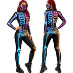 Women Halloween Jumpsuit Skull Cosplay Costume Funny Skeleton Halloween Bodysuit Skinny Catsuit - Azufun