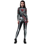 Women Printed Rose Skull Skeleton Catsuit Halloween Costume - Azufun