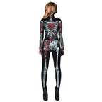Women Printed Rose Skull Skeleton Catsuit Halloween Costume - Azufun