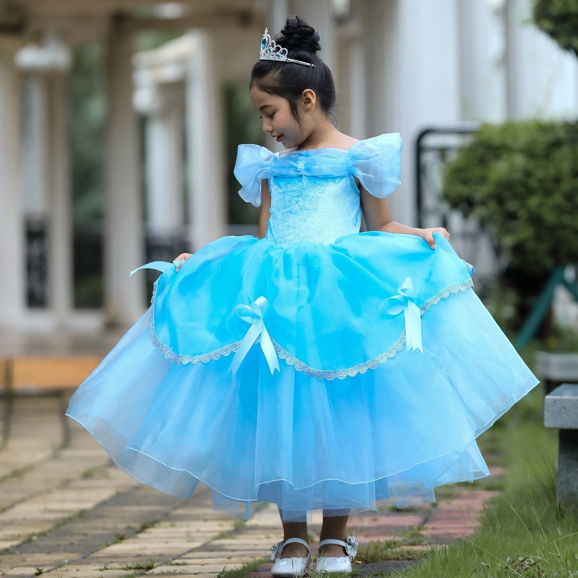 Girls Belle Cinderella Snow White Princess Costume Long Tutu Dress - Azufun