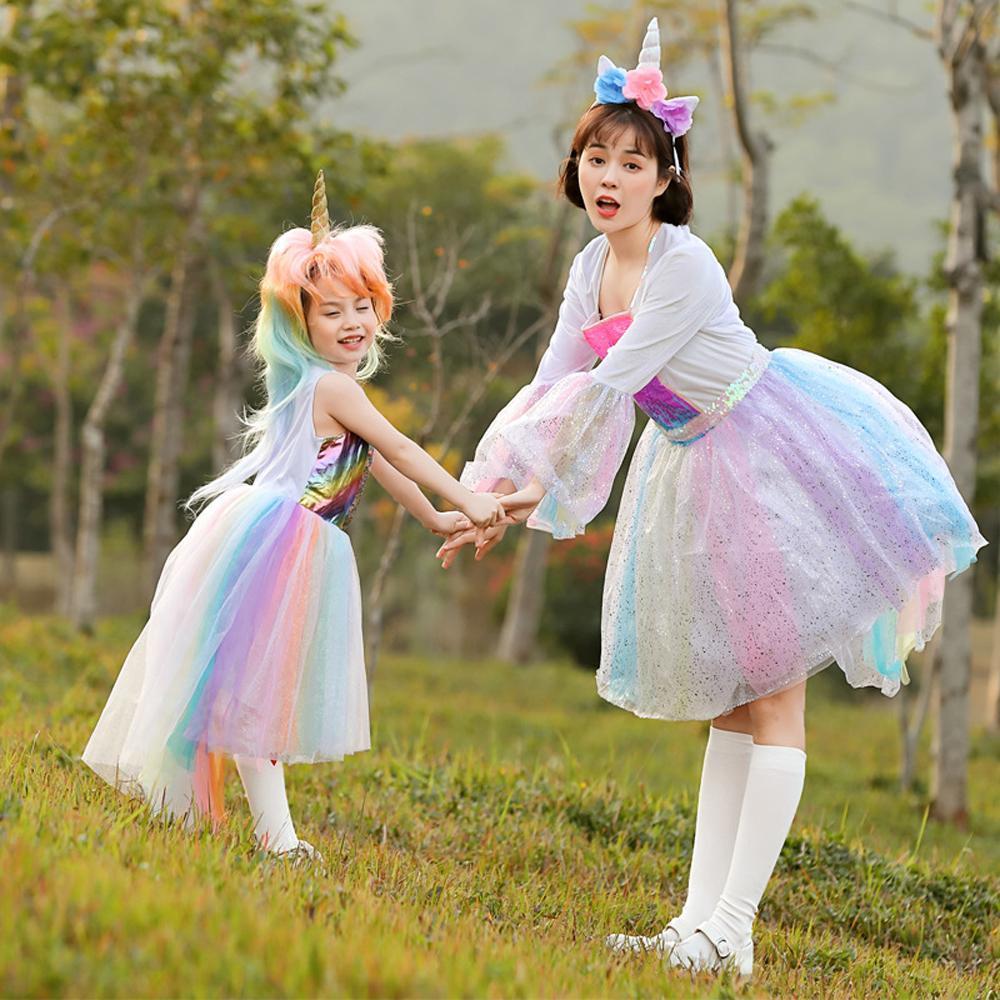 Rainbow unicorn candy color cosplay costumes dress for mom and me - Azufun