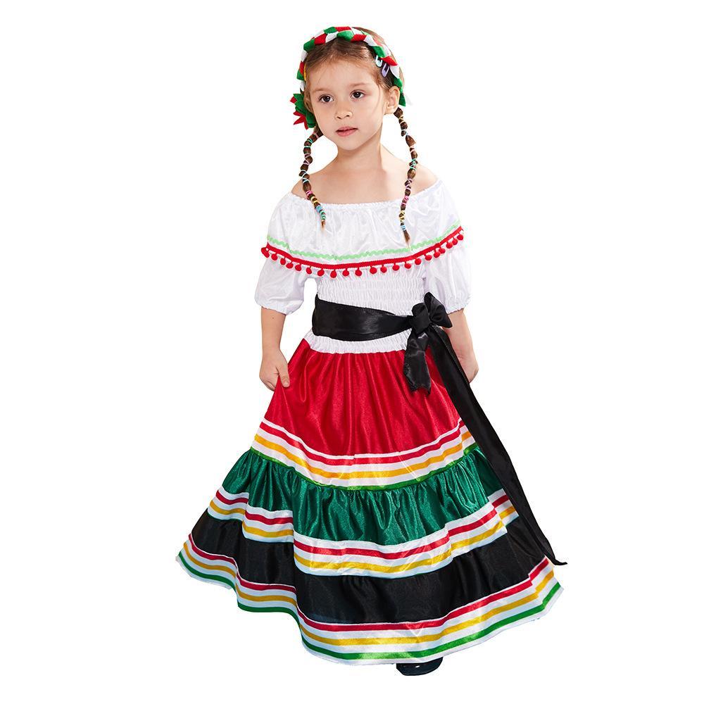 Mexican Ethnic Dress Traditional Children's Halloween Costume Senorita Dance Outfit Skirt for Girls
