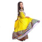Traditional Mexican Costume Yellow Long Gypsy Dress Flamenco Dance Skirt Halloween Party for Girls