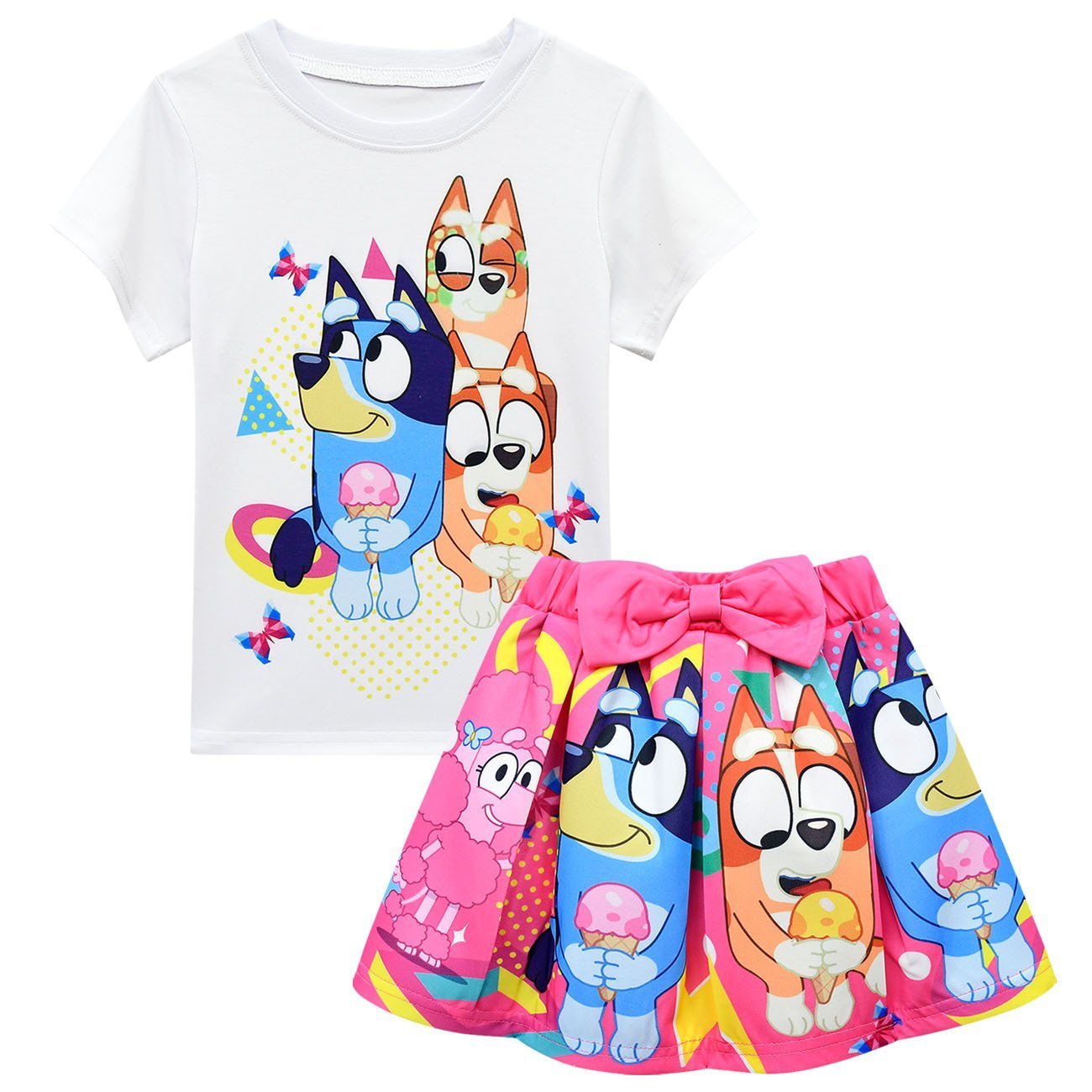 Bruy Short Sleeve Cartoon Pleated Skirt Bag Hat Set - Azufun