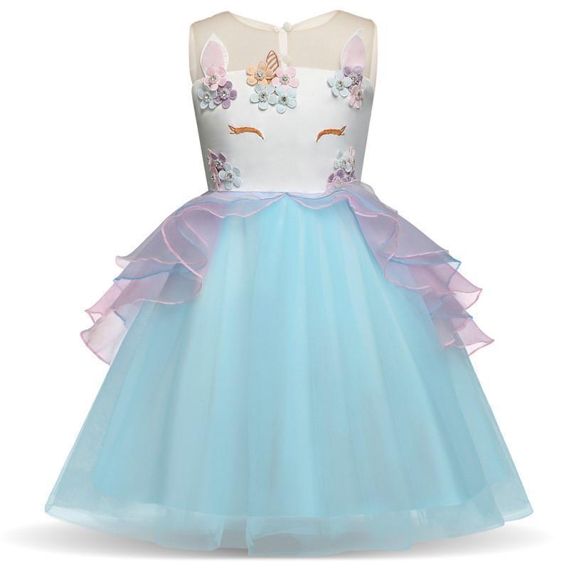 Unicorn Flower Applique Tulle Sleeveless Princess birthday Dress - Azufun