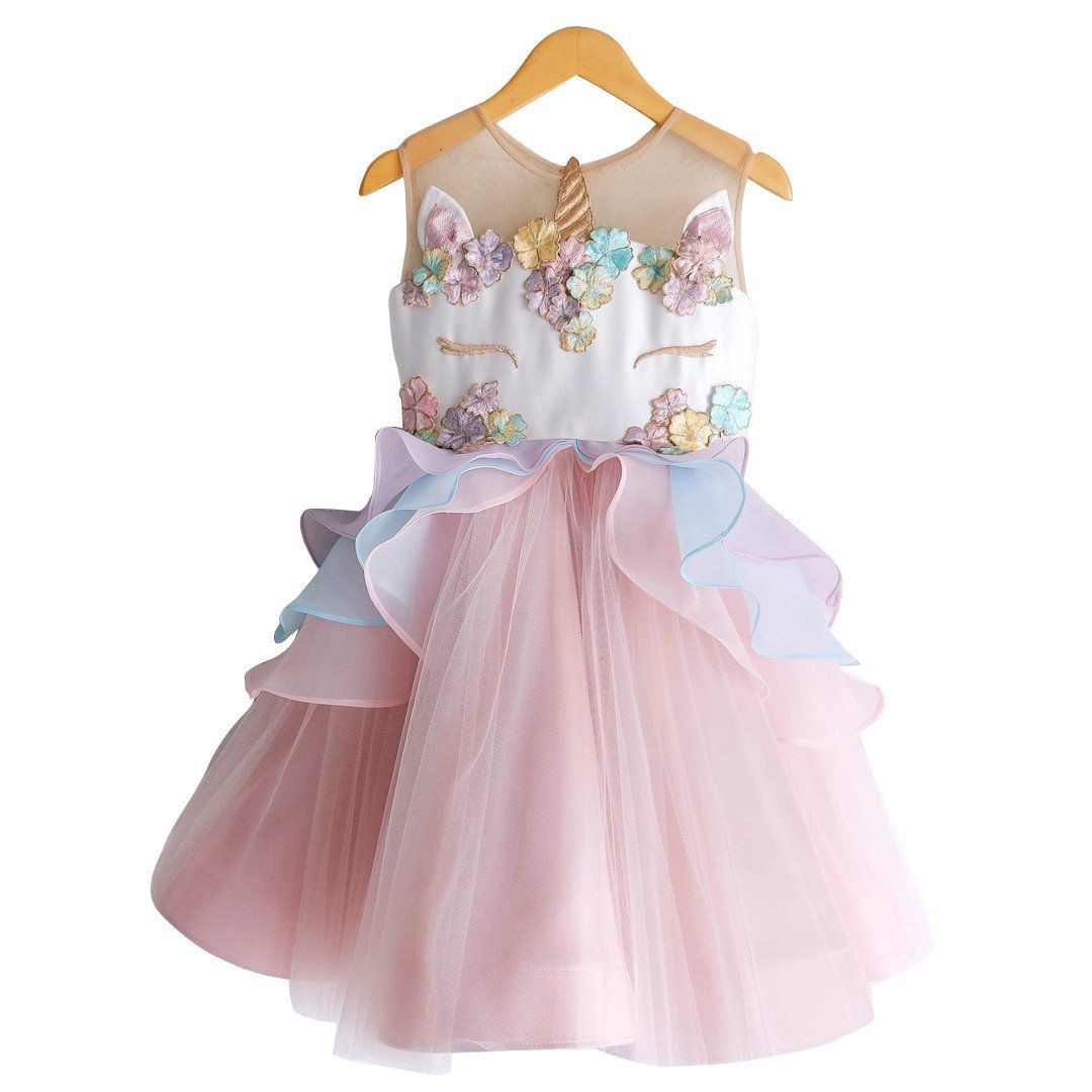 Unicorn Flower Applique Tulle Sleeveless Princess birthday Dress - Azufun