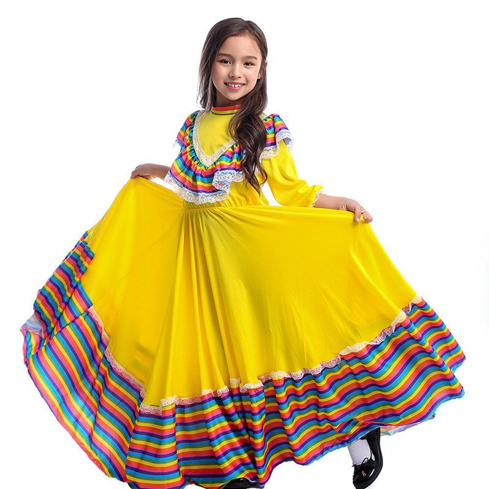 Traditional Mexican Costume Yellow Long Gypsy Dress Flamenco Dance Skirt Halloween Party for Girls