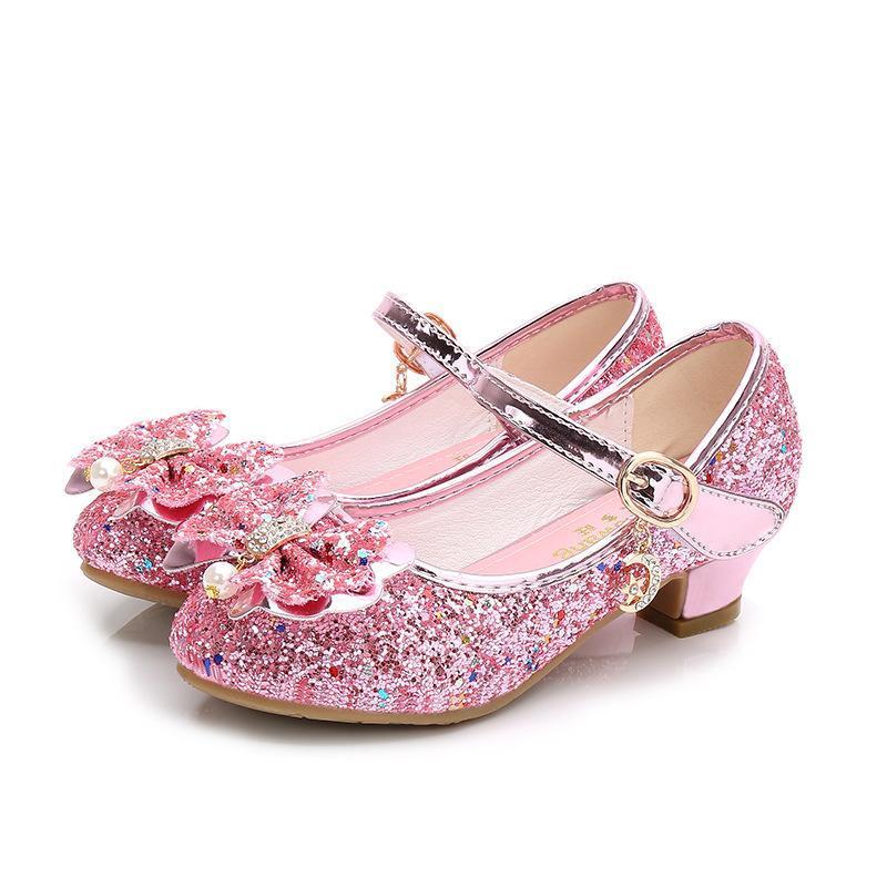 Girls Chunky Glitter Rock Bow Mary Jane Heels Dress Shoes - Azufun