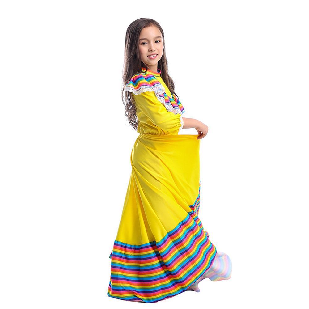 Traditional Mexican Costume Yellow Long Gypsy Dress Flamenco Dance Skirt Halloween Party for Girls