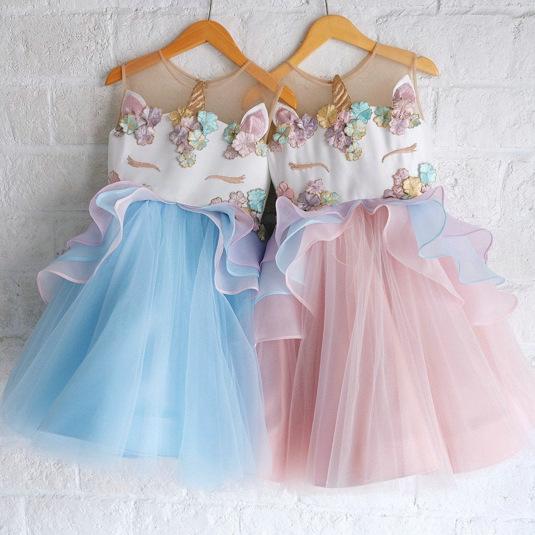 Unicorn Flower Applique Tulle Sleeveless Princess birthday Dress - Azufun