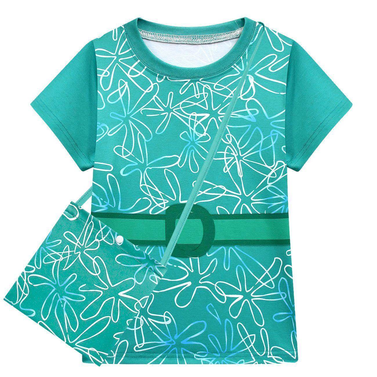 Kids' Inside Out Disgust Cosplay Costume Set Short Sleeve Pleated Dress with Bag - Azufun