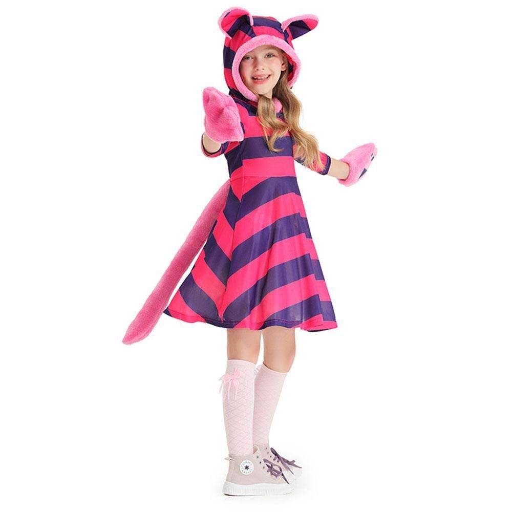 Purple Striped The Cheshire Cat Dress Halloween Outfits Carnival Cosplay Costume For Kids - Azufun