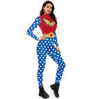 Superhero Wonder Woman Cosplay Costume Halloween Printed Jumpsuit Slim Fit Long Sleeve Party Outfit for Women - Azufun